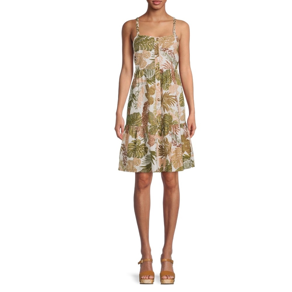Beach Lunch Lounge Dress Women's Medium Tropical Leaf  Linen Blend